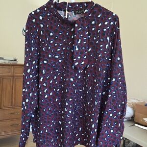 Eloquii Abstract Print Blouse in Blue and Burgundy